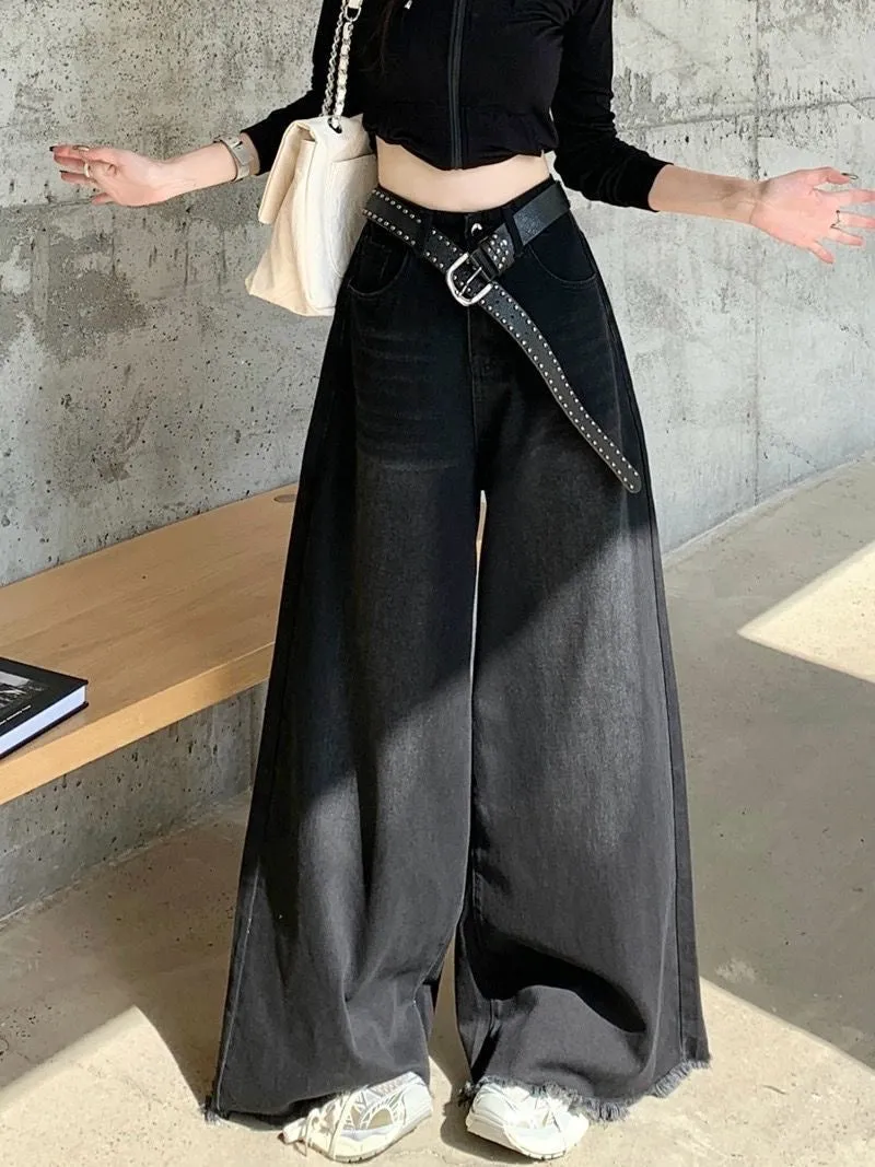 Black Denim Frayed Hem Wide-Leg Pants for Women, High-Waisted, Slimming, Draped Floor-Length for Petite Fall Style