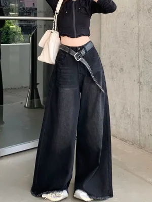 Black Denim Frayed Hem Wide-Leg Pants for Women, High-Waisted, Slimming, Draped Floor-Length for Petite Fall Style