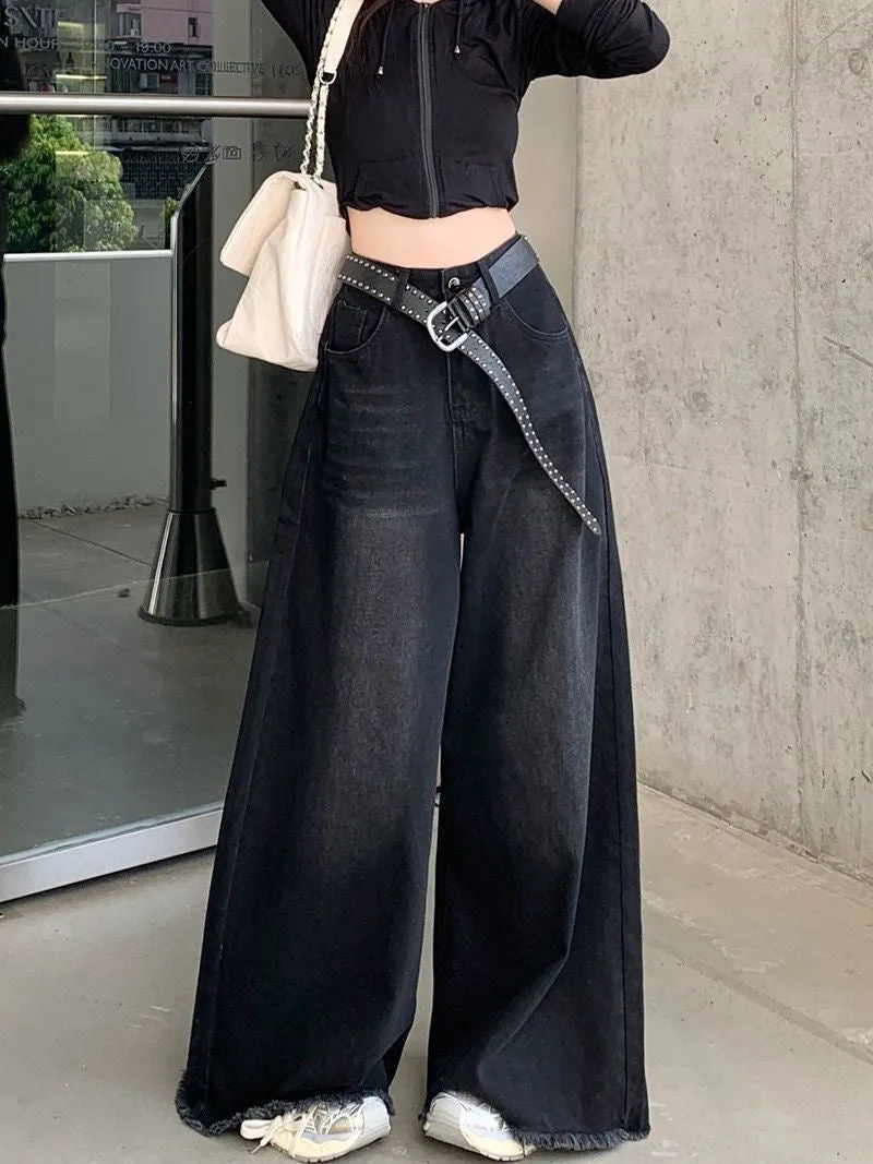 Black Denim Frayed Hem Wide-Leg Pants for Women, High-Waisted, Slimming, Draped Floor-Length for Petite Fall Style