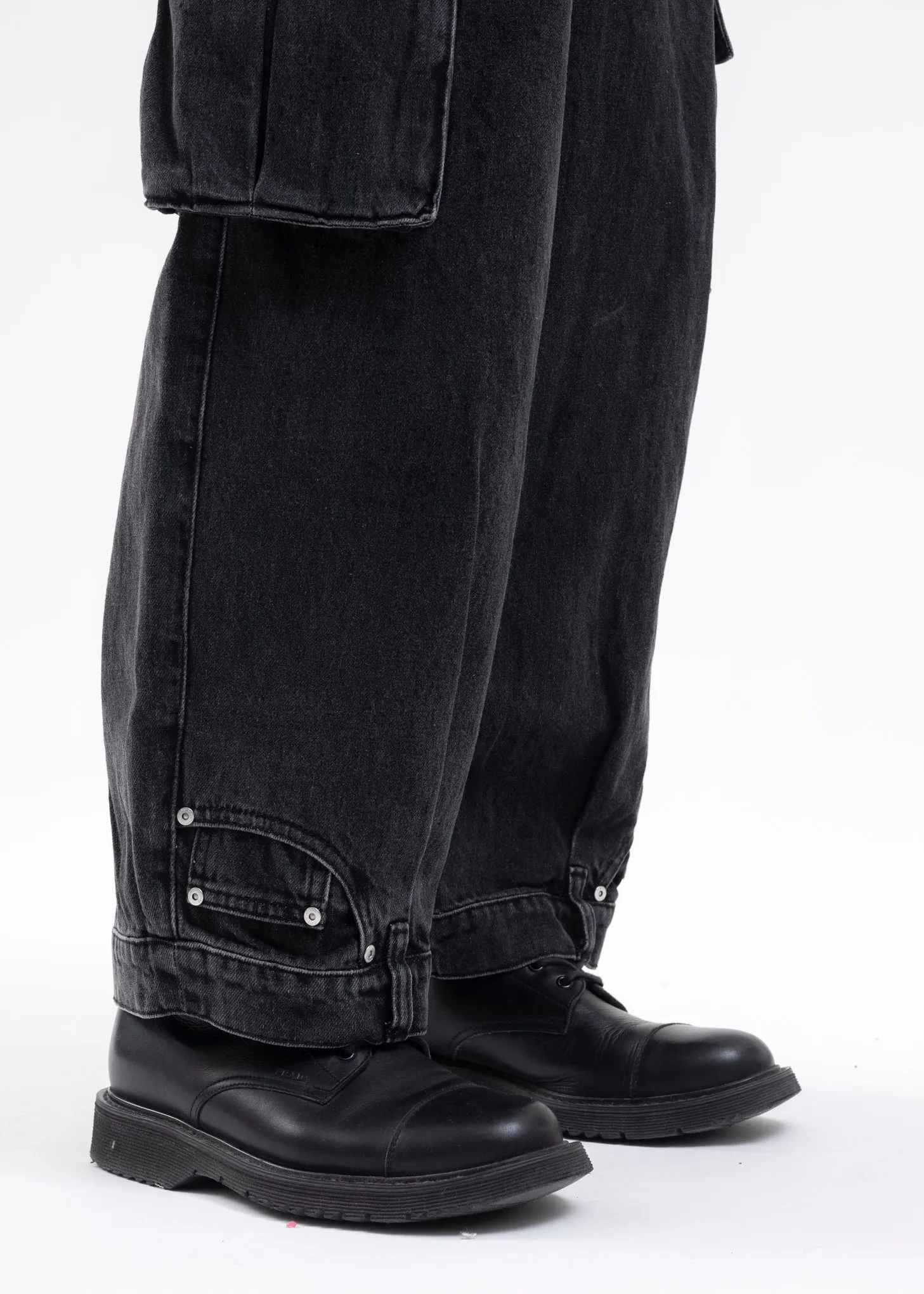 BLACK DOUBLE WAIST DENIM CARGO