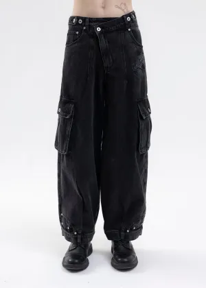 BLACK DOUBLE WAIST DENIM CARGO
