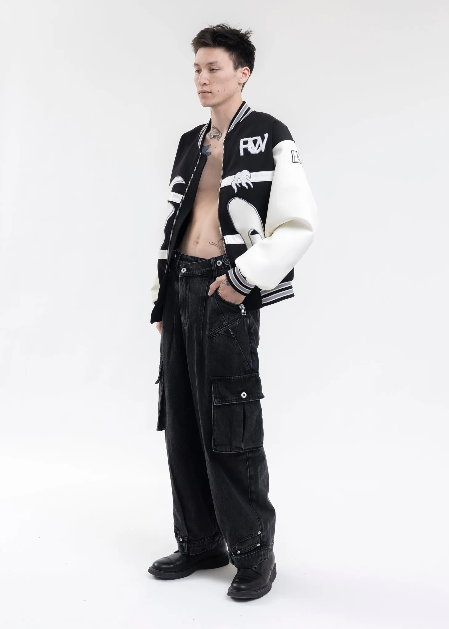 BLACK DOUBLE WAIST DENIM CARGO