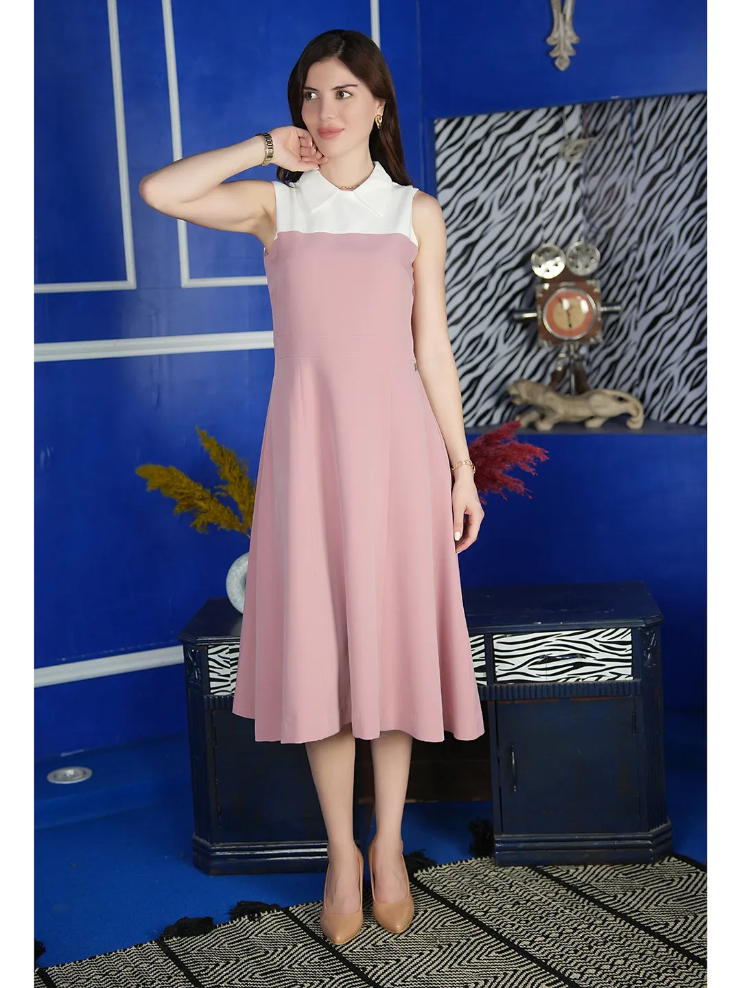 Blush Pink Blended Fabric Bronzed Color Block Dress