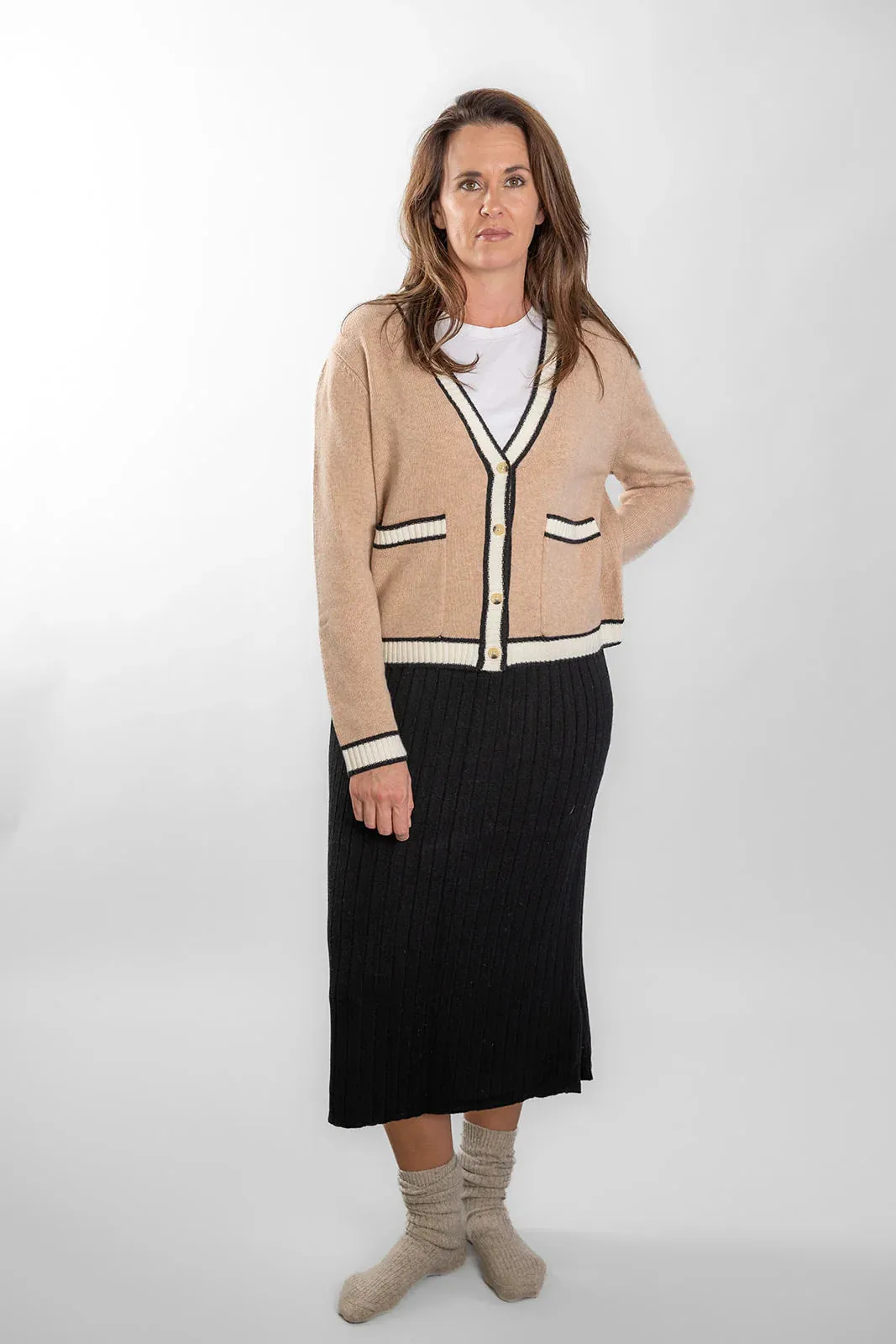 Bow & Arrow - Camel Black White Short Cardigan