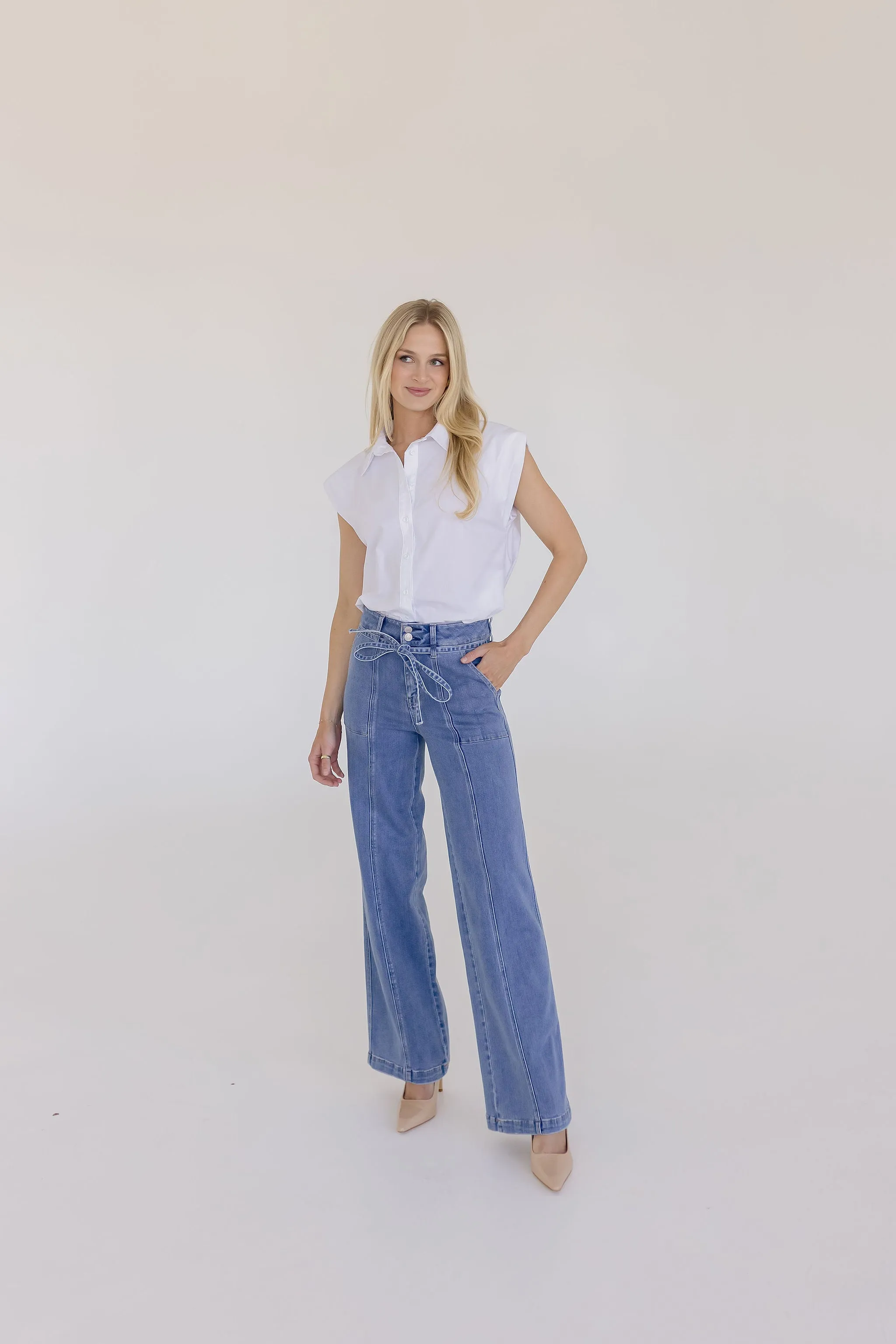 Brenda Sleeveless Button Down Top White