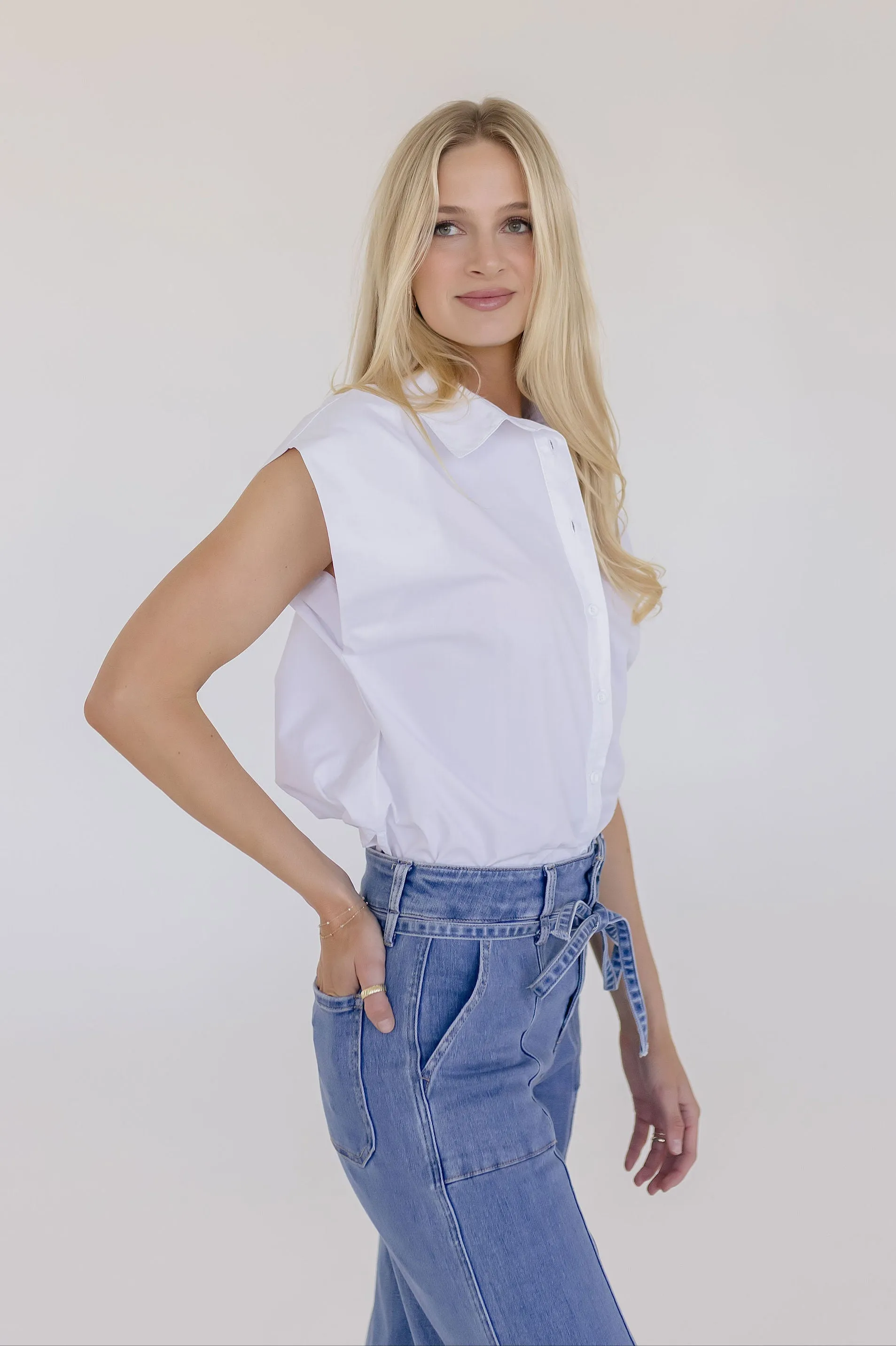 Brenda Sleeveless Button Down Top White