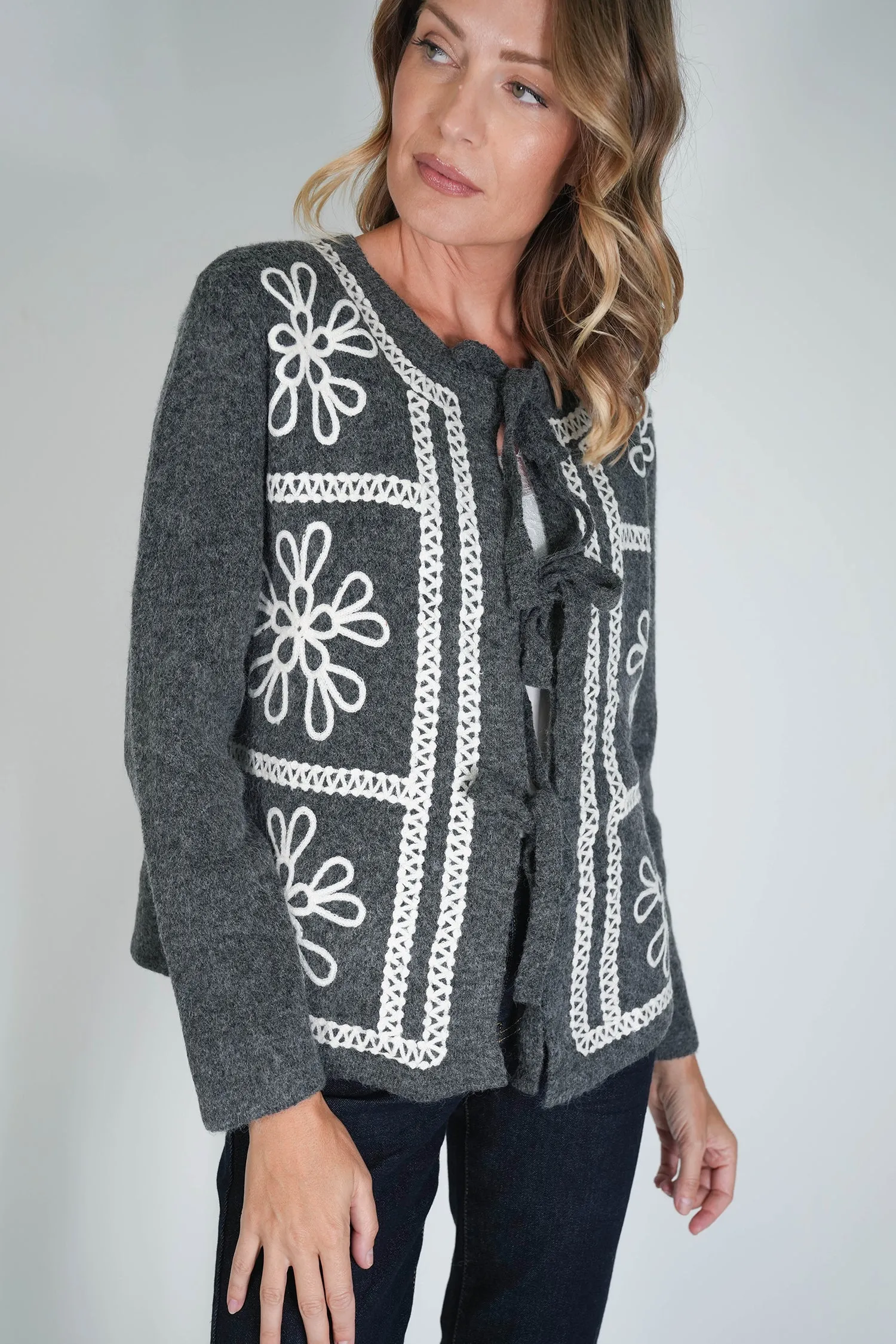Charcoal Embroided Bow Cardigan
