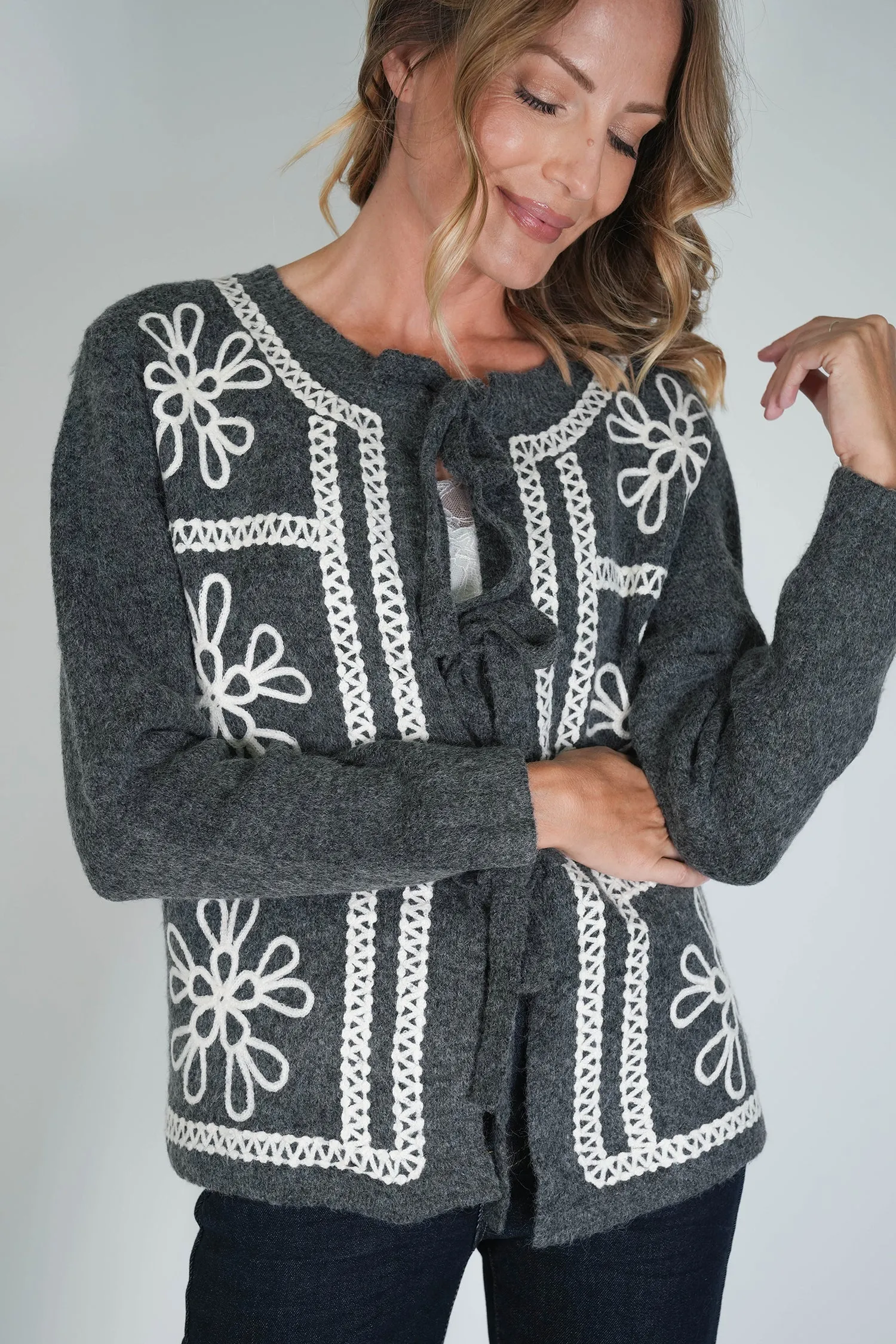 Charcoal Embroided Bow Cardigan