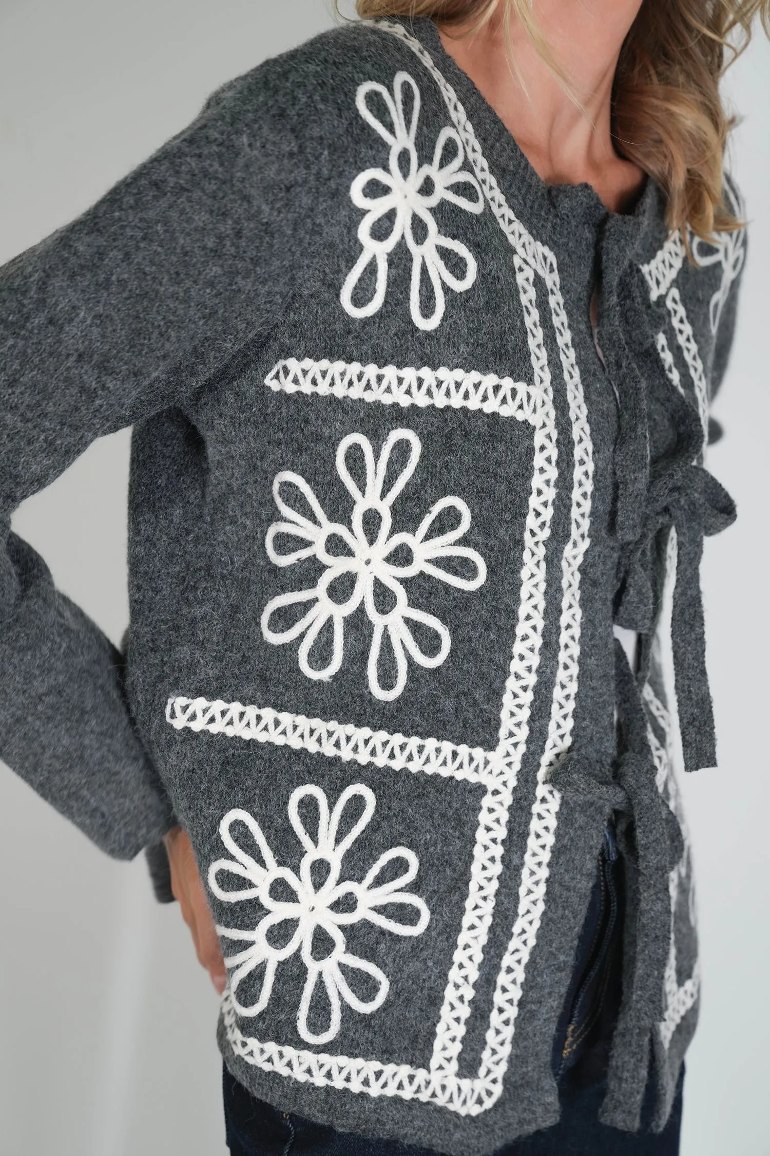 Charcoal Embroided Bow Cardigan