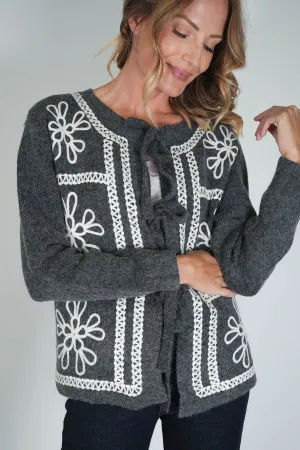 Charcoal Embroided Bow Cardigan