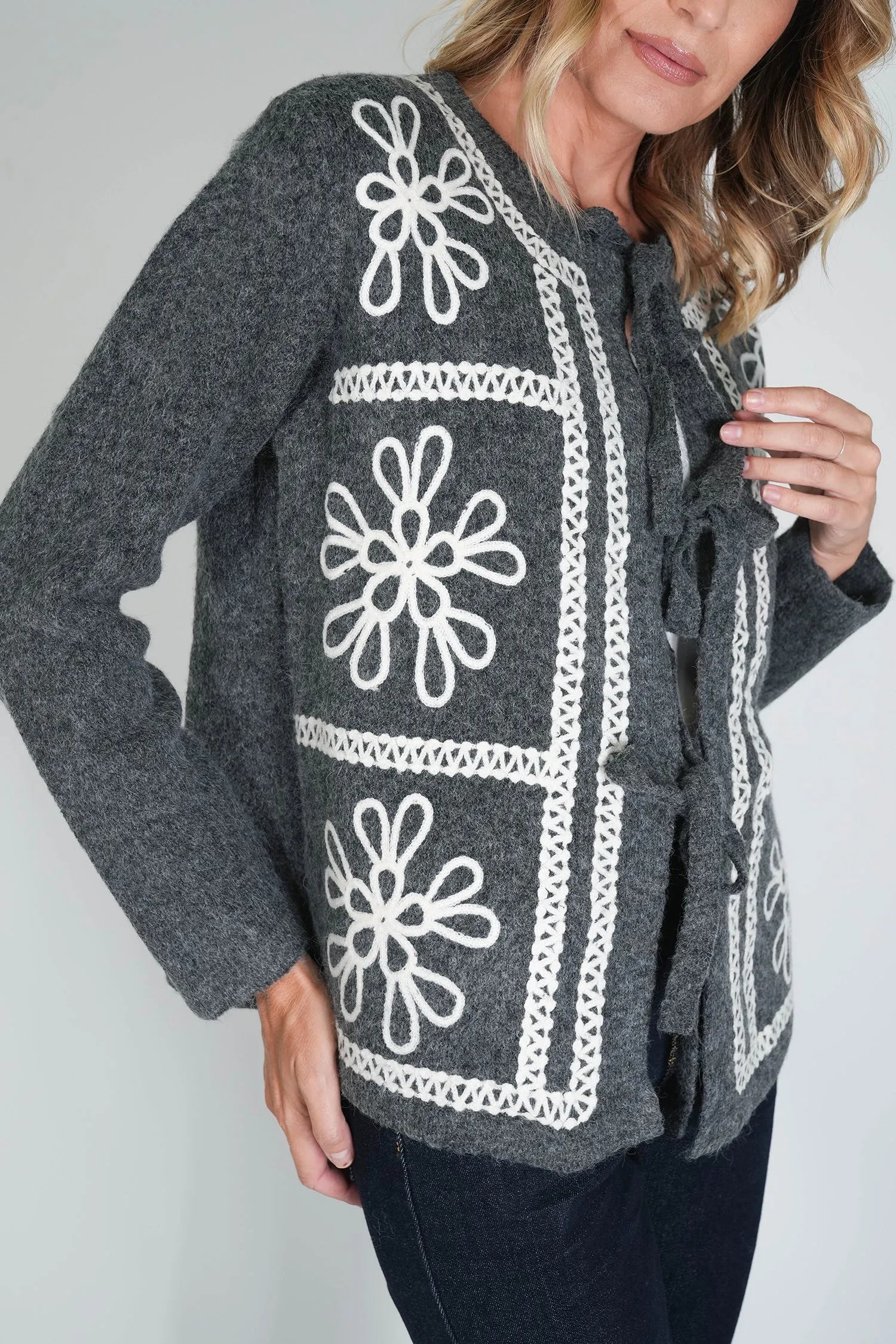 Charcoal Embroided Bow Cardigan