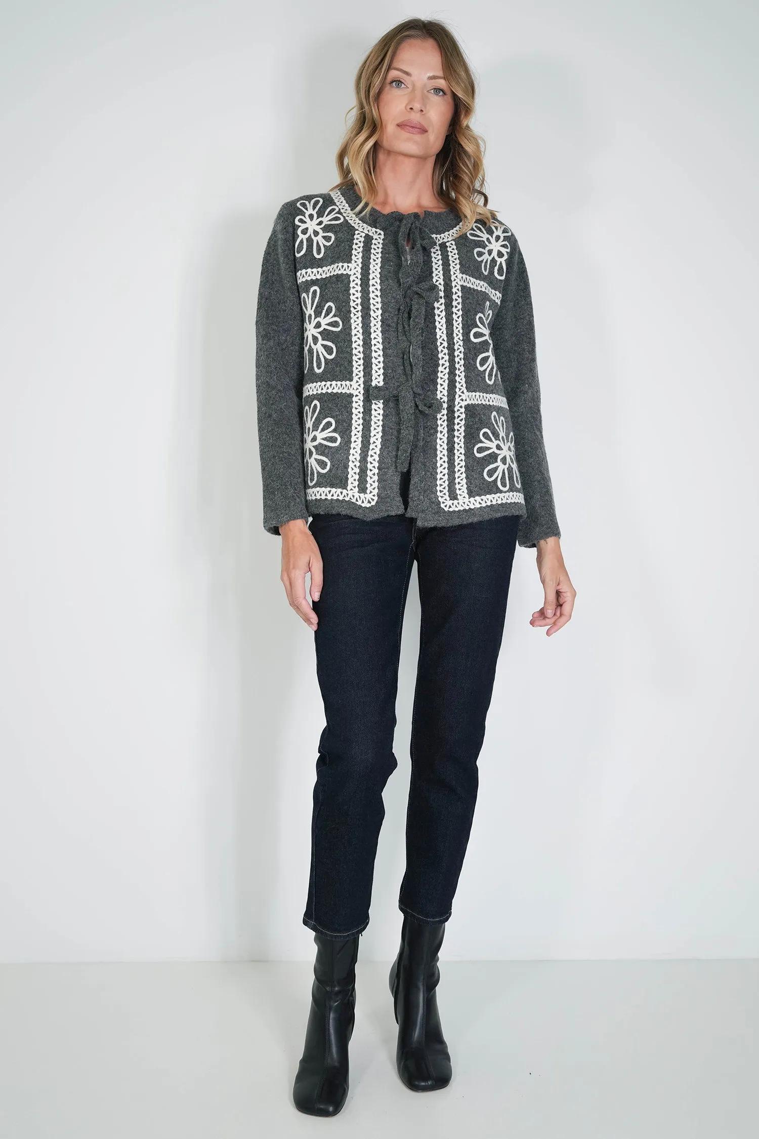 Charcoal Embroided Bow Cardigan