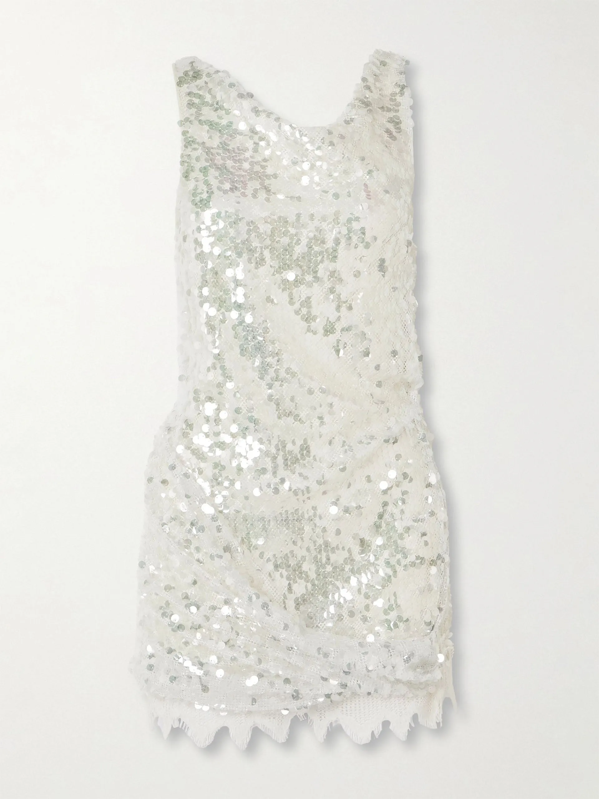 Cotton-blend lace-trimmed sequined mesh mini dress