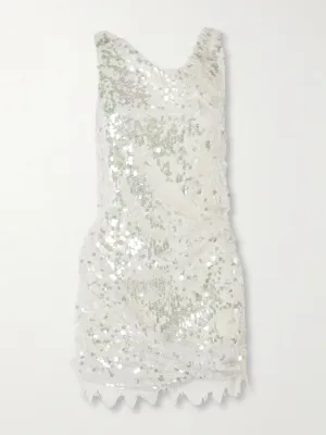 Cotton-blend lace-trimmed sequined mesh mini dress