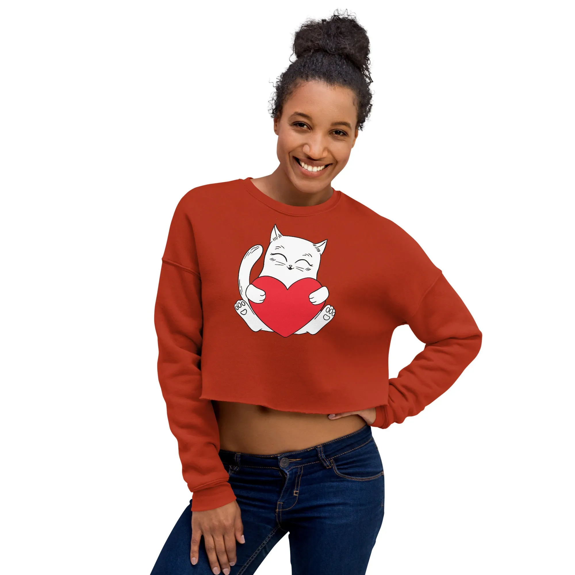 Crop Sweatshirt Womens (Cute Cat With Heart - Cat Love Heart 0026)