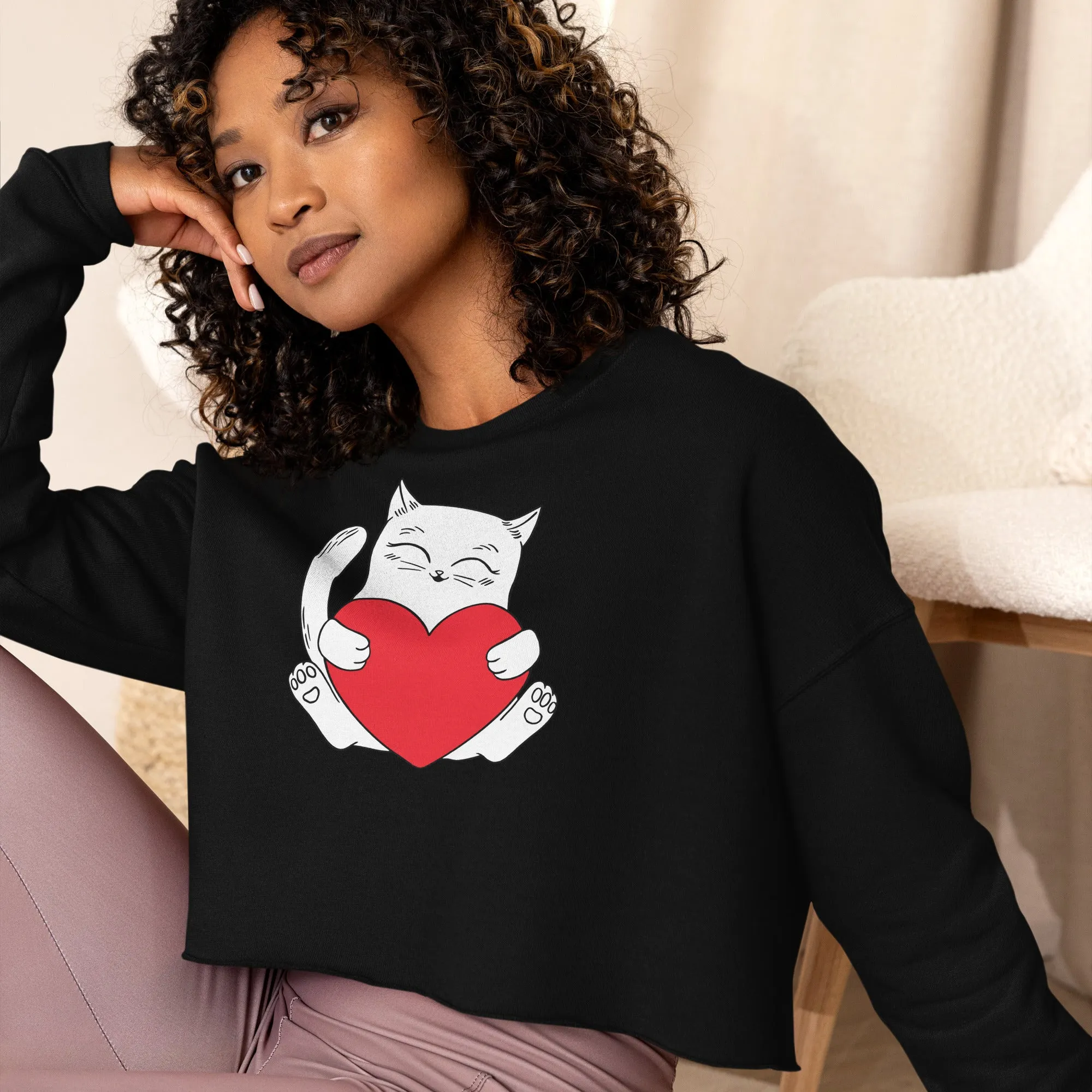 Crop Sweatshirt Womens (Cute Cat With Heart - Cat Love Heart 0026)