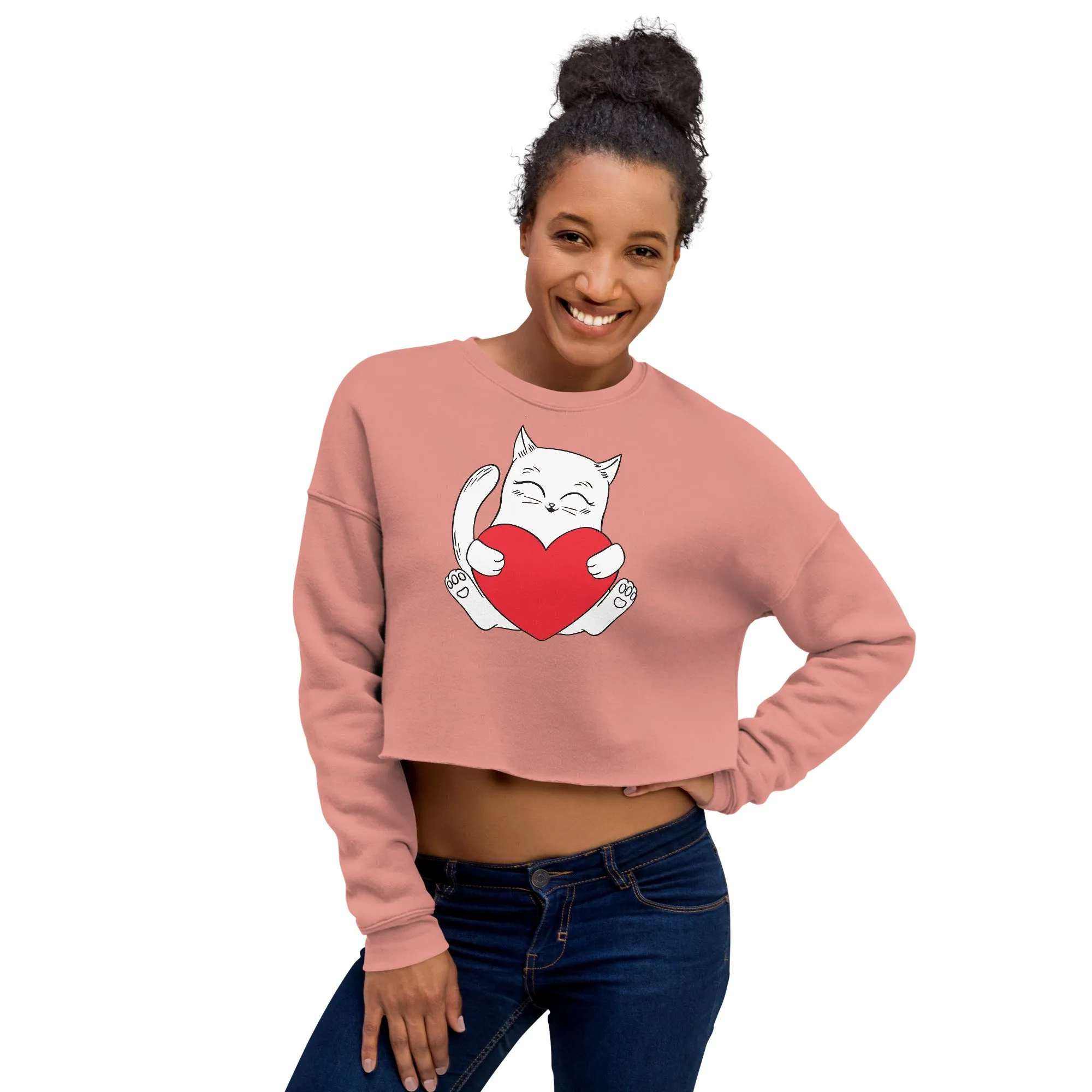 Crop Sweatshirt Womens (Cute Cat With Heart - Cat Love Heart 0026)