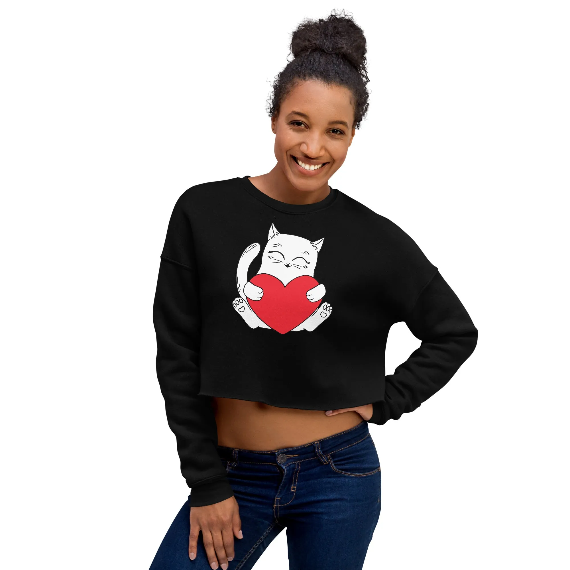 Crop Sweatshirt Womens (Cute Cat With Heart - Cat Love Heart 0026)