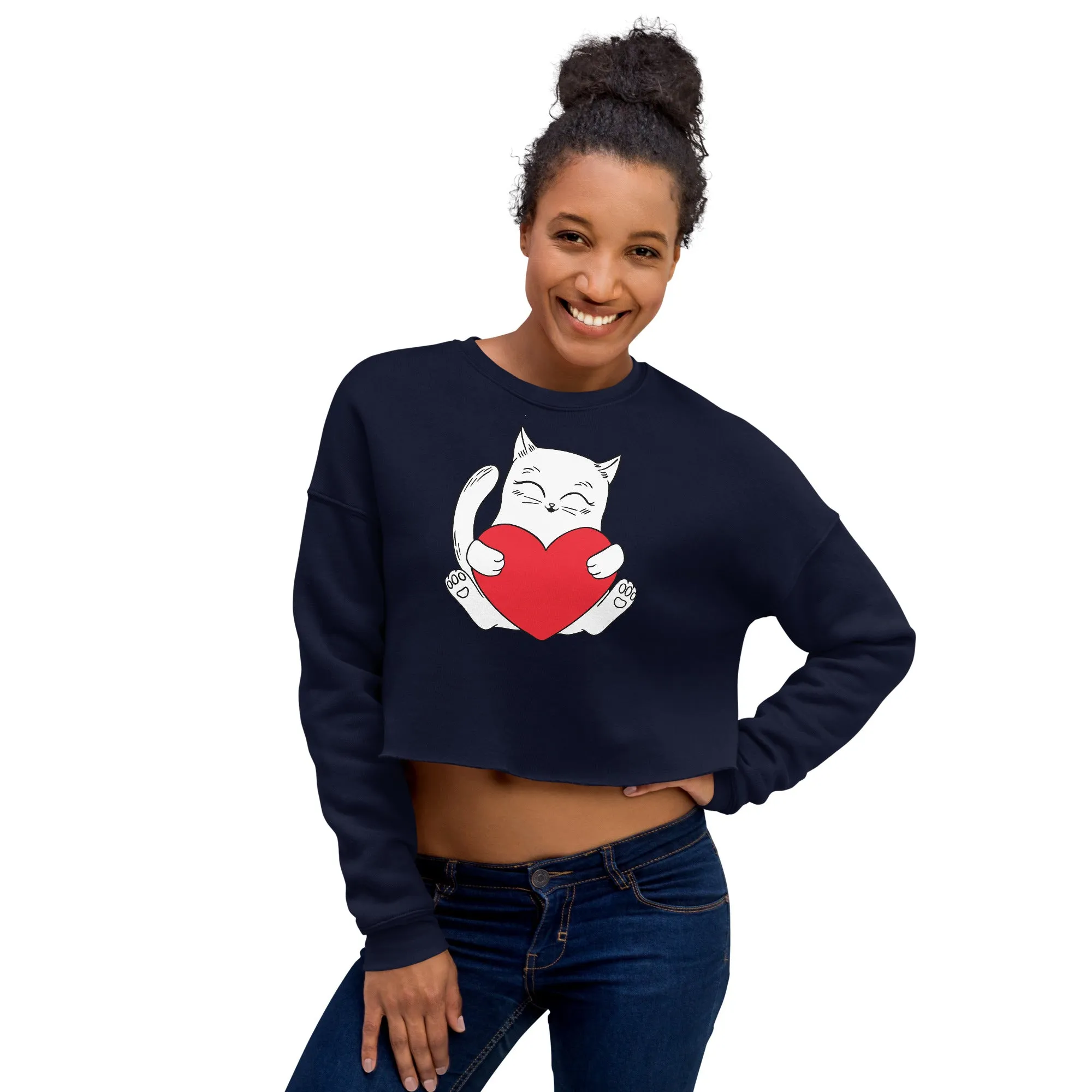 Crop Sweatshirt Womens (Cute Cat With Heart - Cat Love Heart 0026)