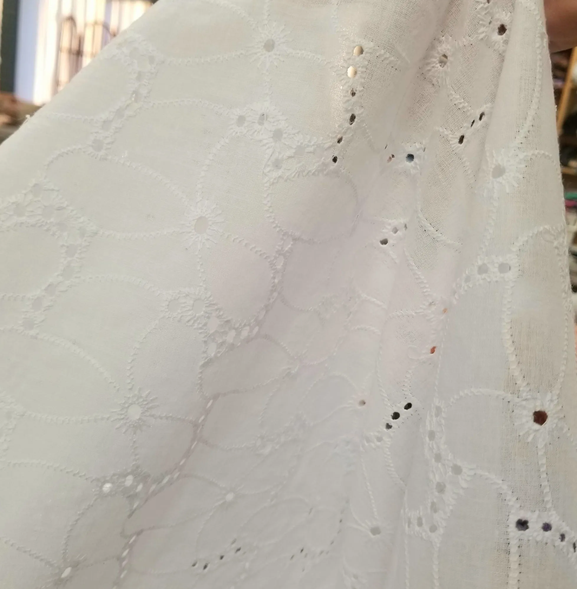 Designer Deadstock White Cotton Romantic Florals Eyelet Woven- by the yard