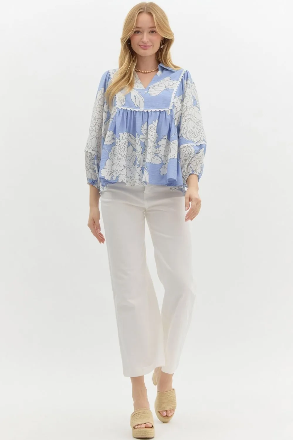 Entro | Laura Floral Print Top Blue