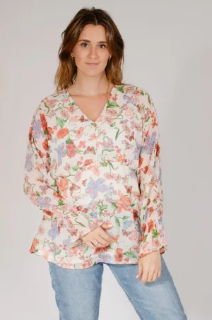 Floral Ivory V Neck Blouse
