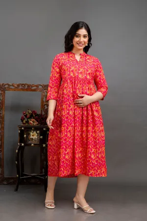Fuchsia Pink Pure Cotton Abstract Print Maternity Dress