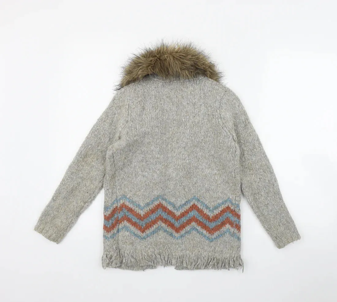 George Grey Wool Mix Winter Cardigan with Mock Fur Trim - Girls 8-9yrs