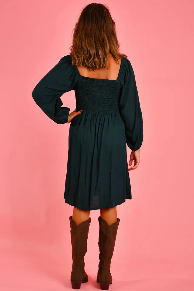 Go Girl Montclair Long Sleeve Short Dress Forest Green S/M