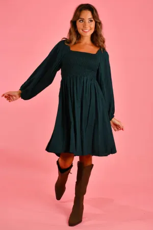 Go Girl Montclair Long Sleeve Short Dress Forest Green S/M