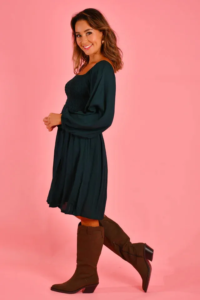 Go Girl Montclair Long Sleeve Short Dress Forest Green S/M