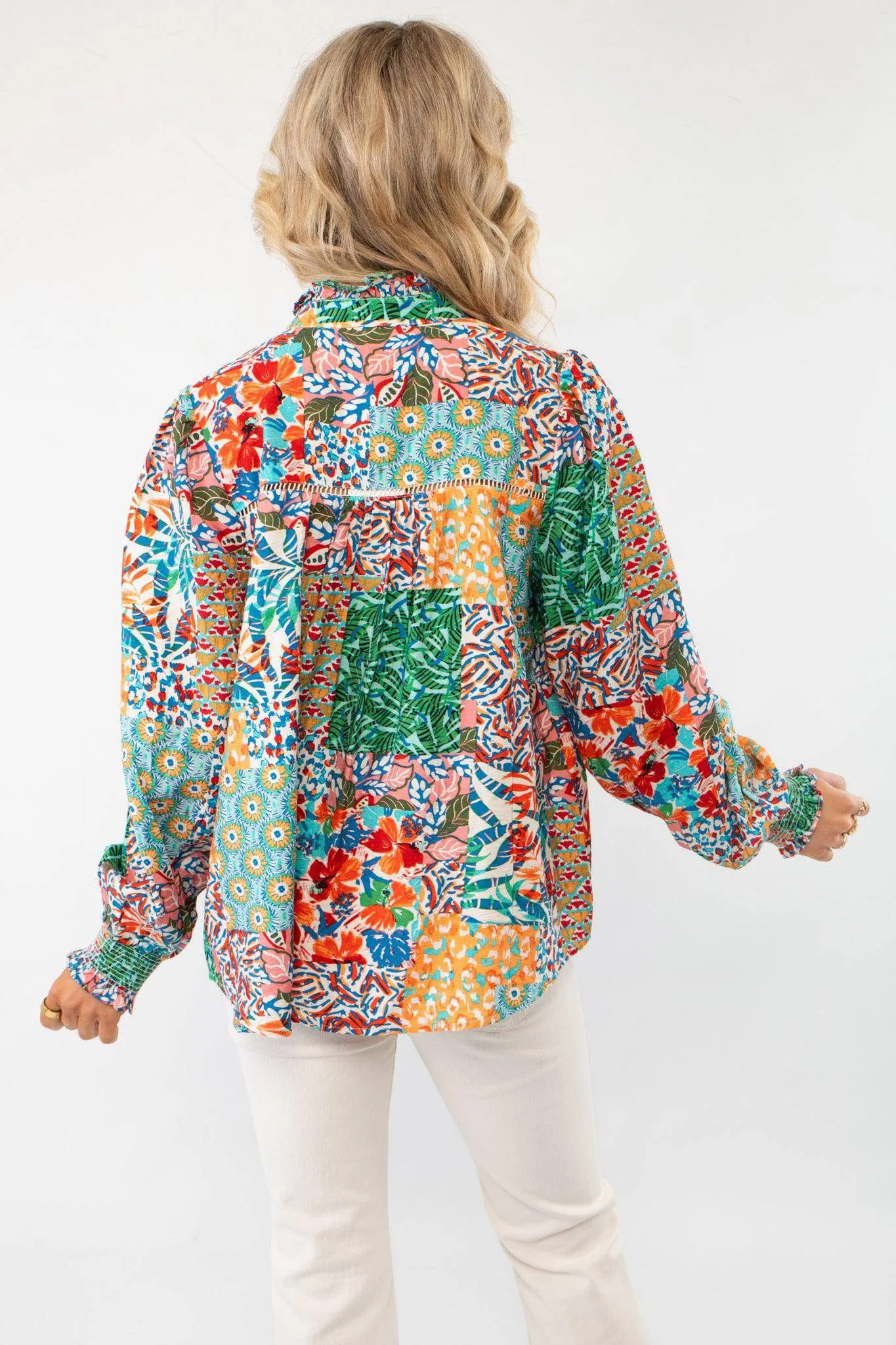 Island Vibes Patchwork Button Down Blouse