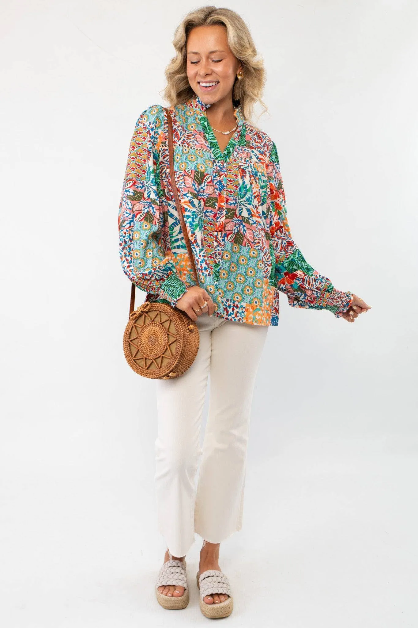 Island Vibes Patchwork Button Down Blouse