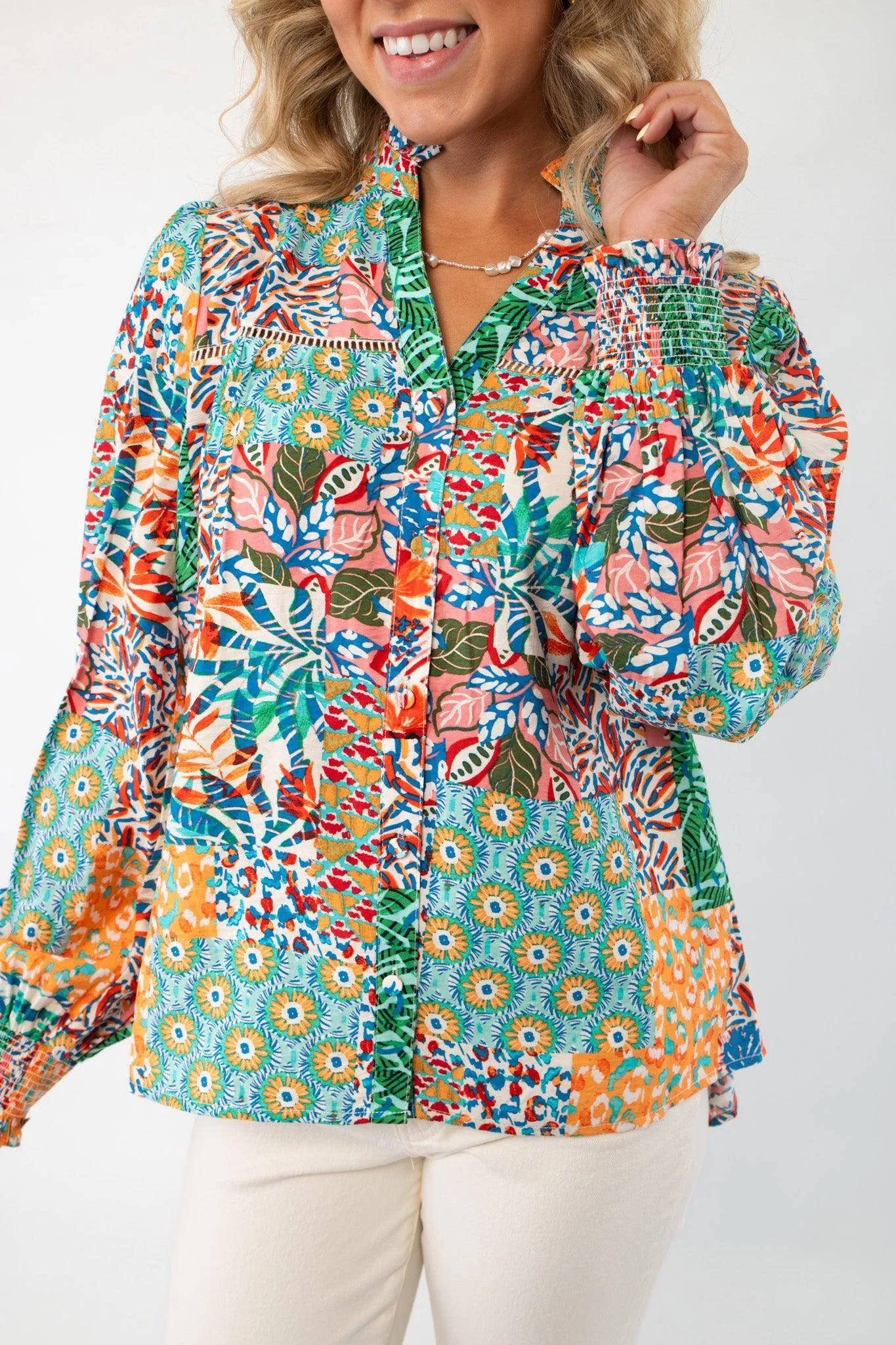 Island Vibes Patchwork Button Down Blouse