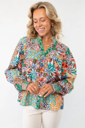Island Vibes Patchwork Button Down Blouse