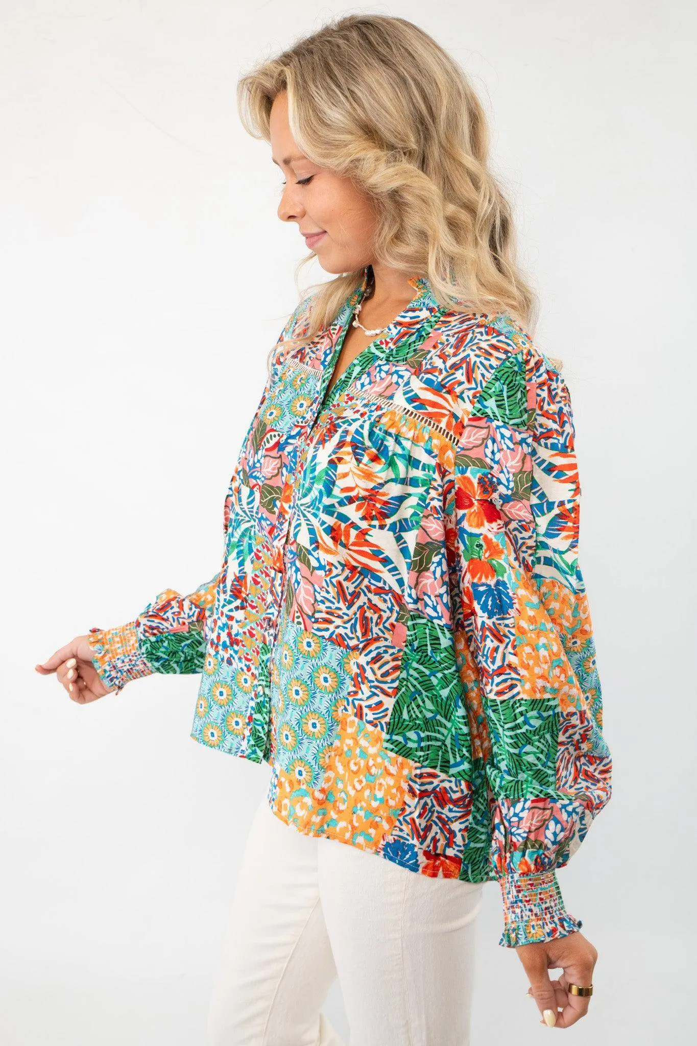 Island Vibes Patchwork Button Down Blouse