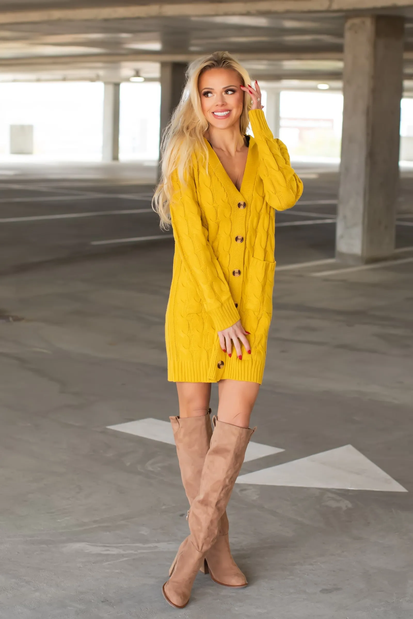 Mad Warm Long Sleeve Sweater Dress - Mustard