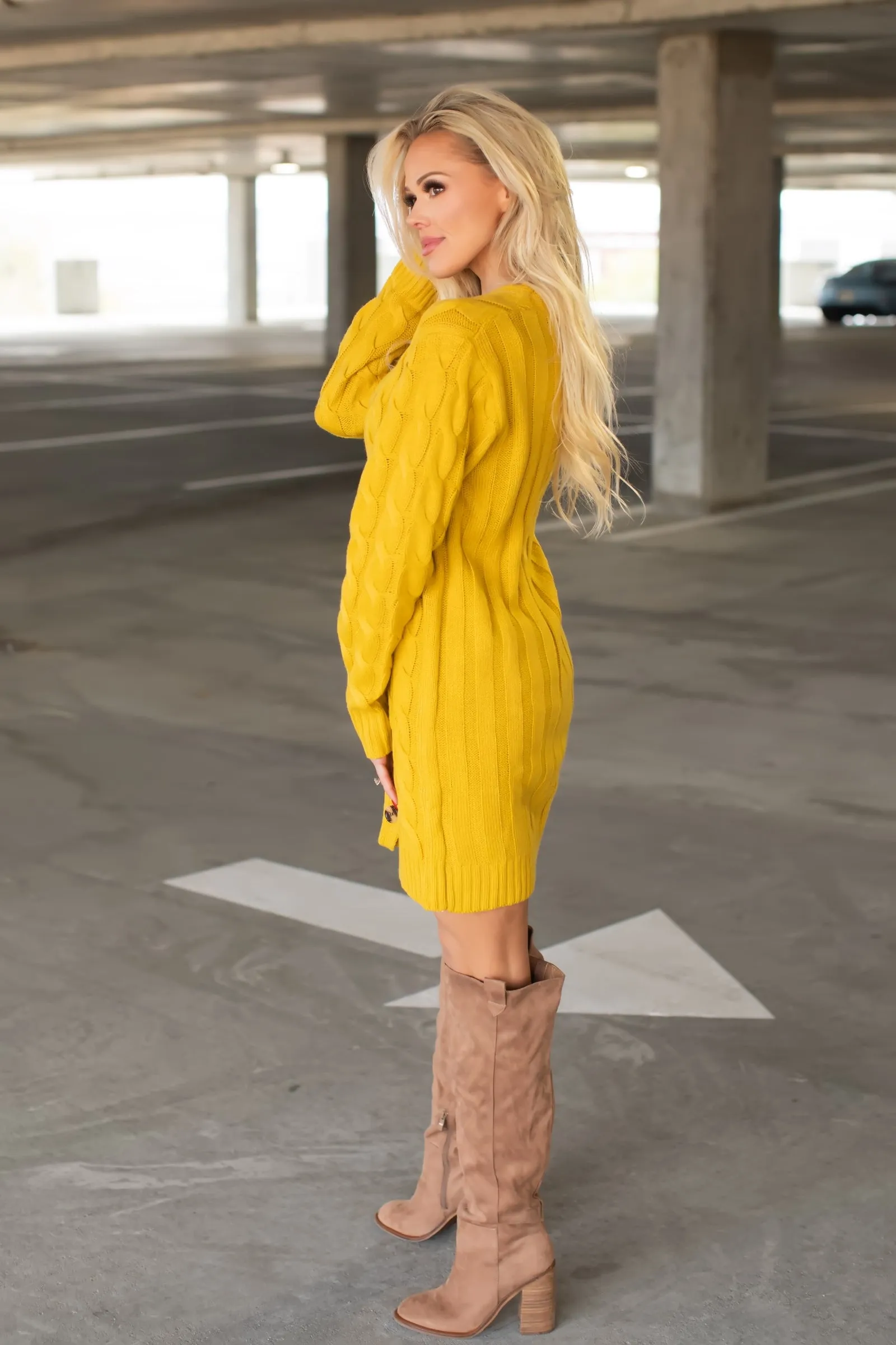 Mad Warm Long Sleeve Sweater Dress - Mustard