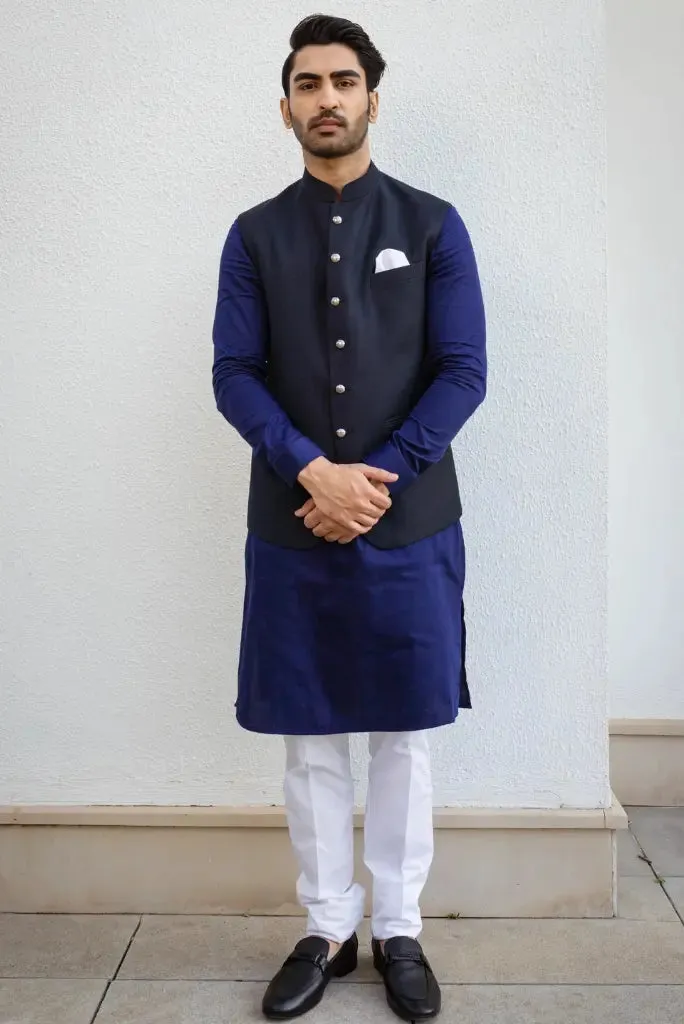Men Navy Blue Classic Half Jacket Wedding Function Ethnic Jacket Collection At Sainly