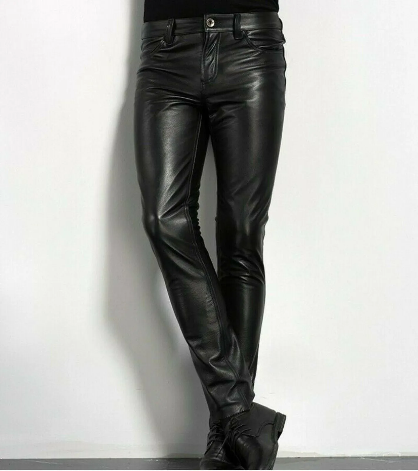 Men's Genuine Leather slim fit pants Jeans