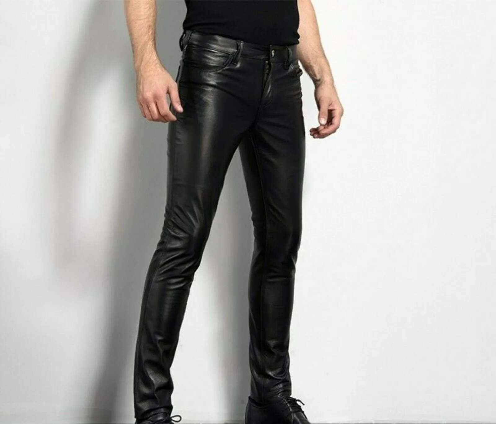 Men's Genuine Leather slim fit pants Jeans