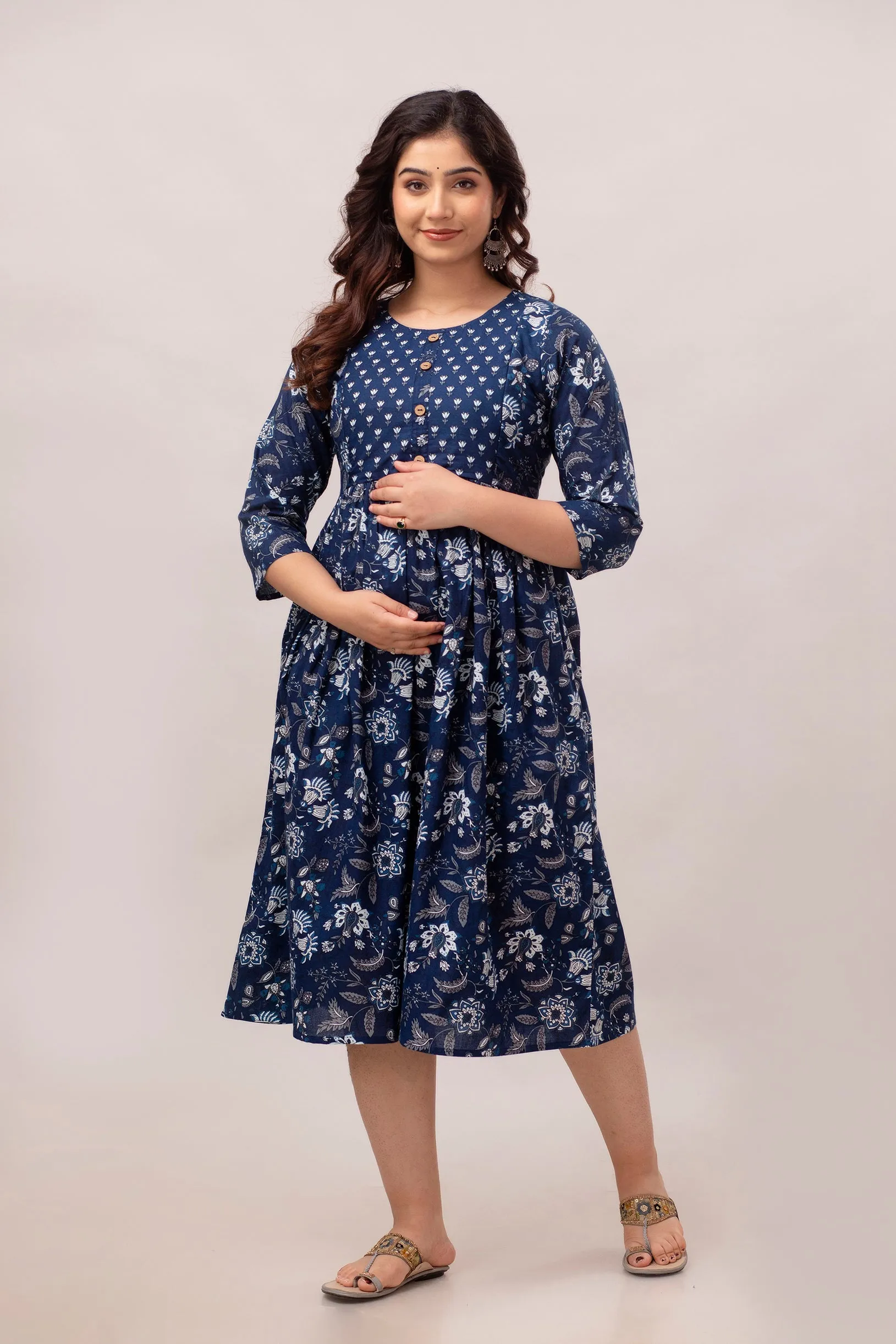 Navy Blue Cotton Floral Printed Maternity Dress