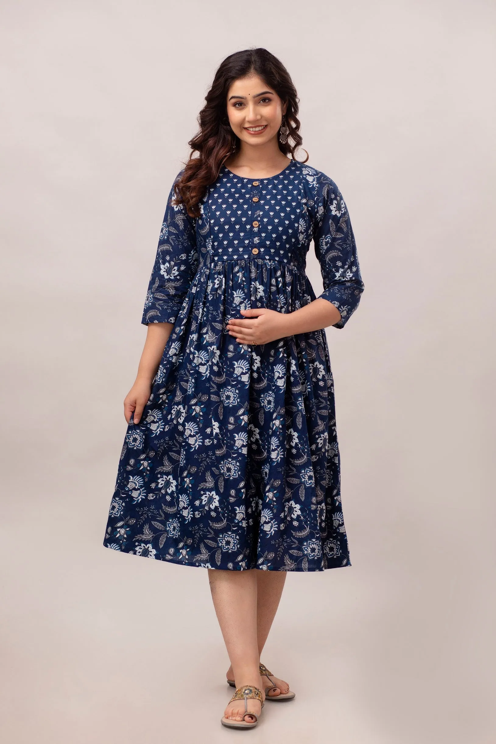 Navy Blue Cotton Floral Printed Maternity Dress