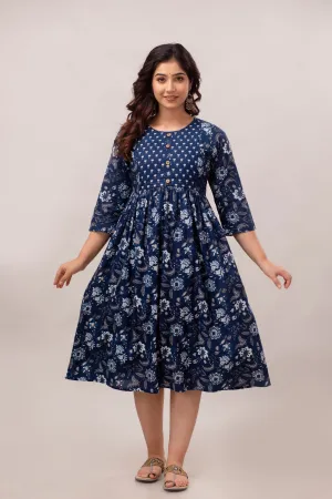 Navy Blue Cotton Floral Printed Maternity Dress