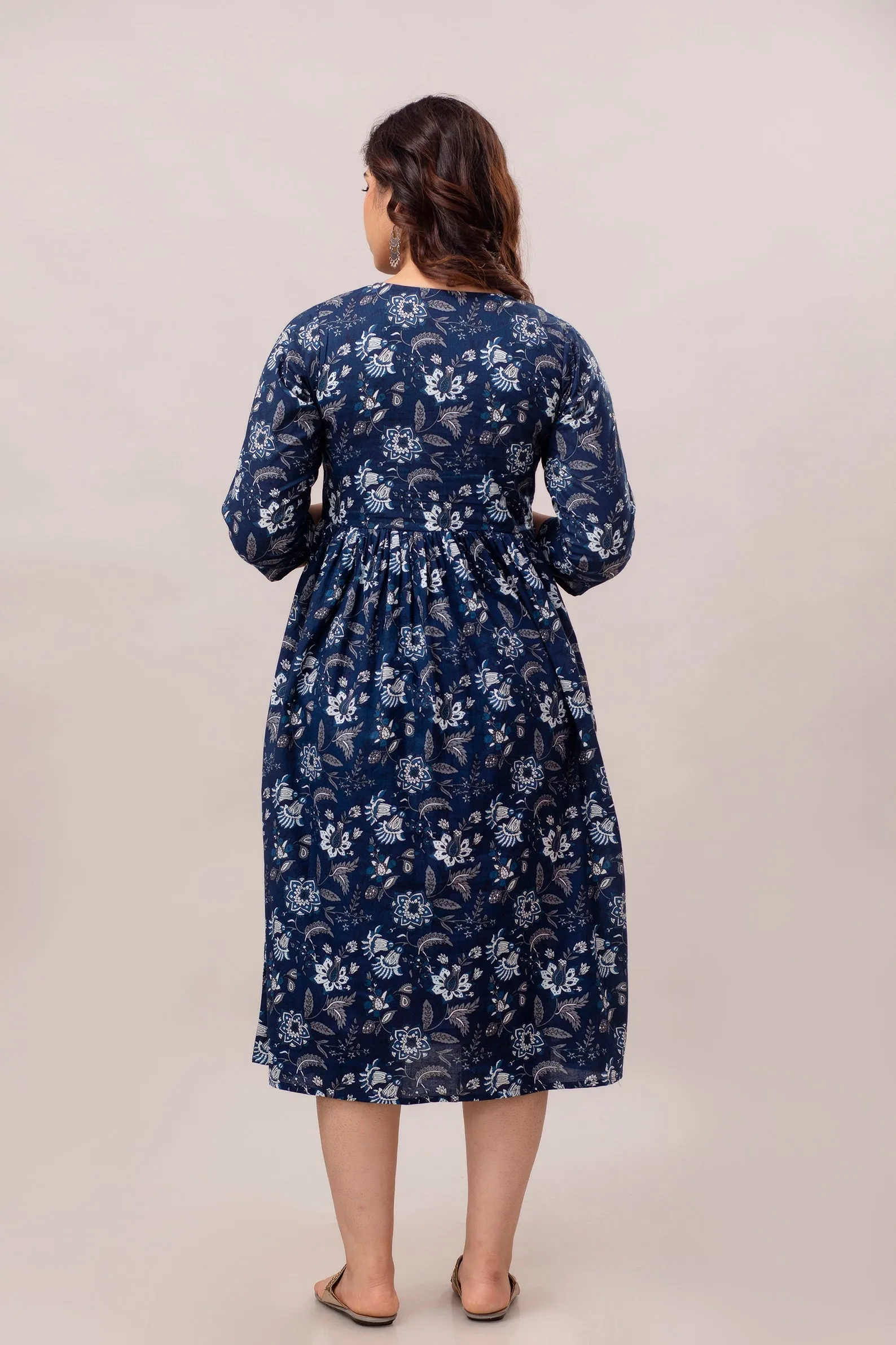 Navy Blue Cotton Floral Printed Maternity Dress
