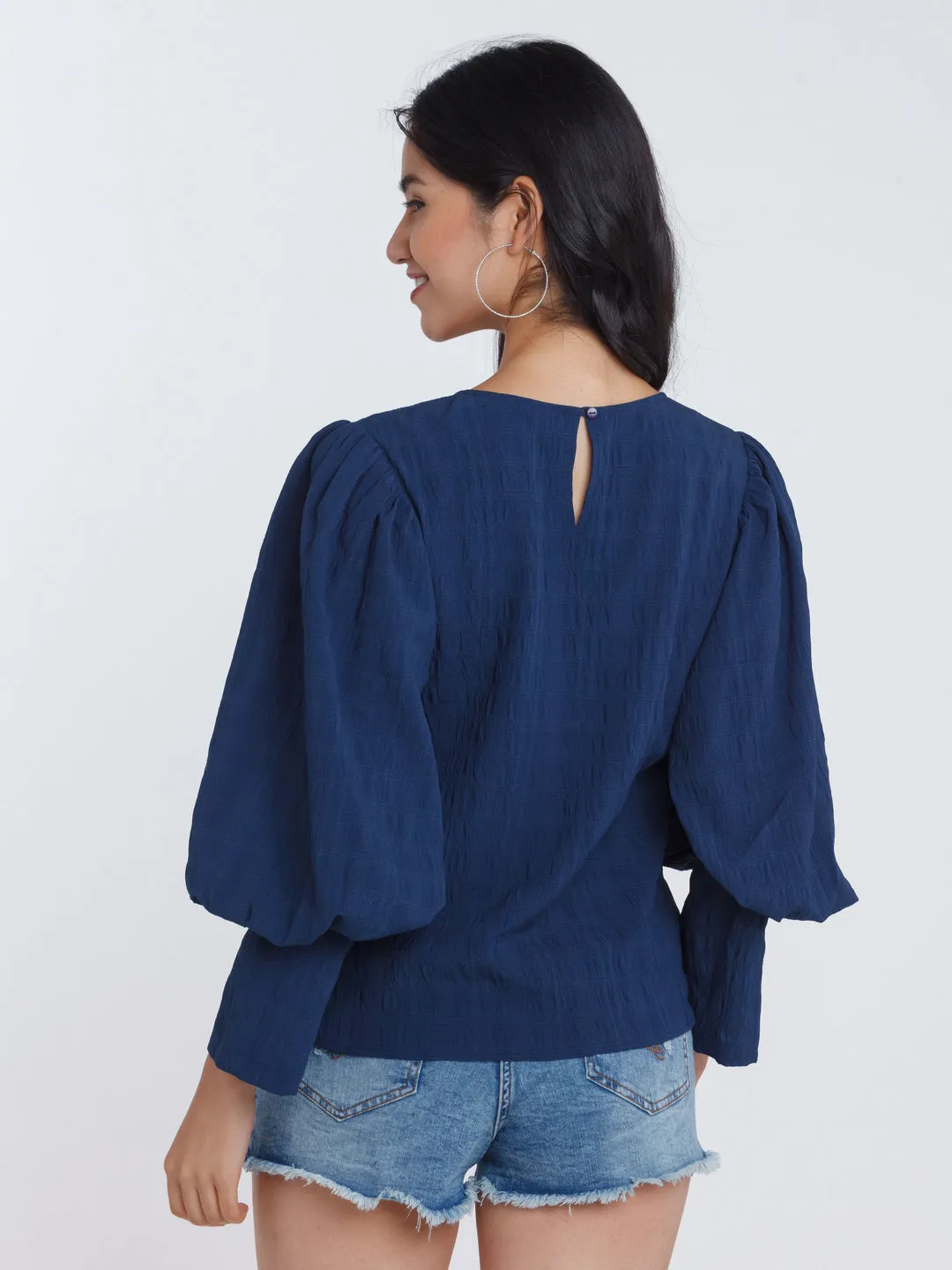 Navy Blue Puff Sleeve Top