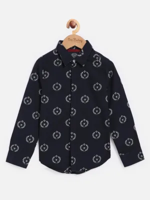 One Friday Kids Boys Navy Blue Printed Summer Cotton Shirt