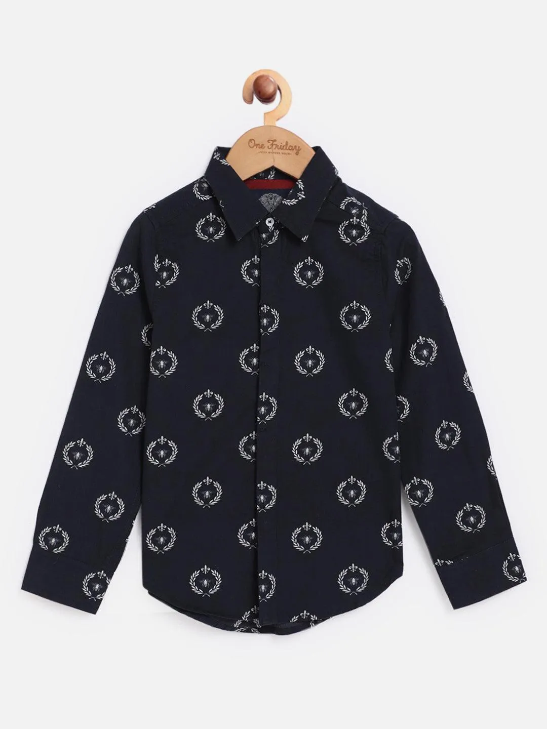 One Friday Kids Boys Navy Blue Printed Summer Cotton Shirt