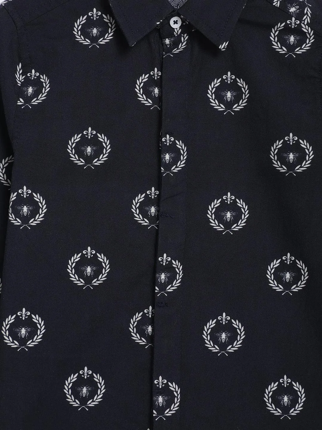 One Friday Kids Boys Navy Blue Printed Summer Cotton Shirt