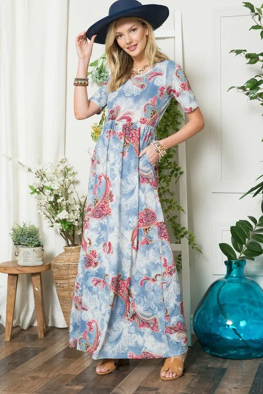 Paisley Print Short Sleeve Maxi Dress